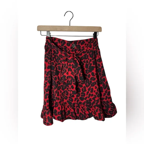 NWT‎ Nasty Gal IVIVI Red Black Leopard Tie Waist Ruffle Mini Skirt L - Image 2