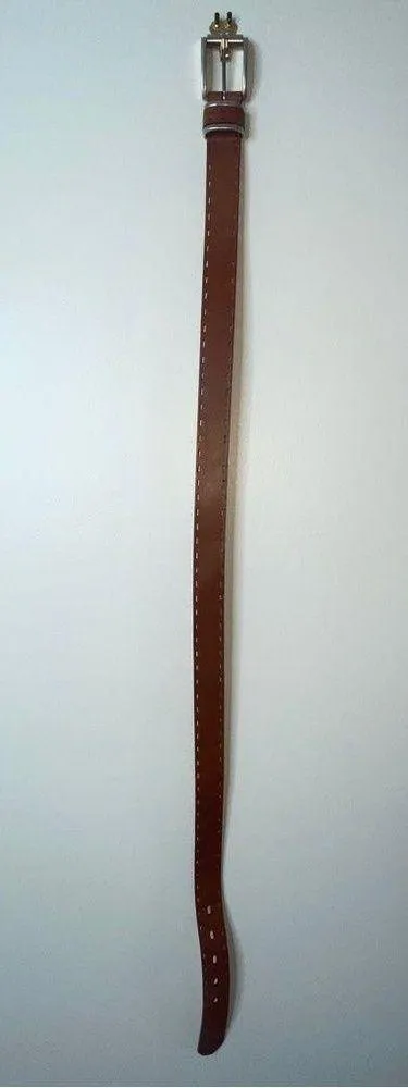 Brown Leather Belt with Silver Brass Buckle Embroidered Stitched edging 32 - Image 2