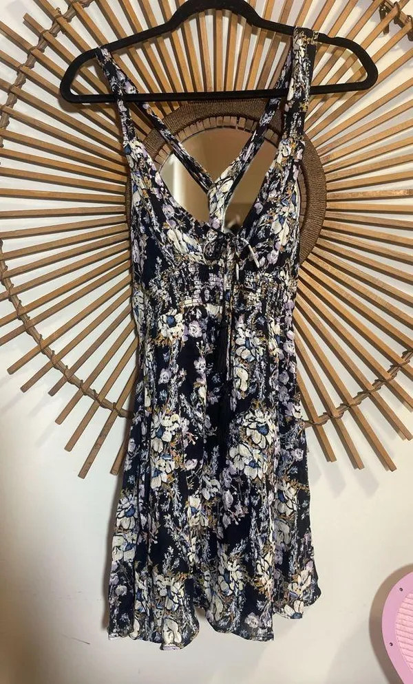 Free People Washed Ashore Black Floral Criss Cross Back Mini Dress Whimsigoth - Image 3