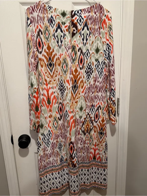 Tommy Bahama Ikat Print Shift Dress Large Boho 3/4 Sleeve Resort - Image 5