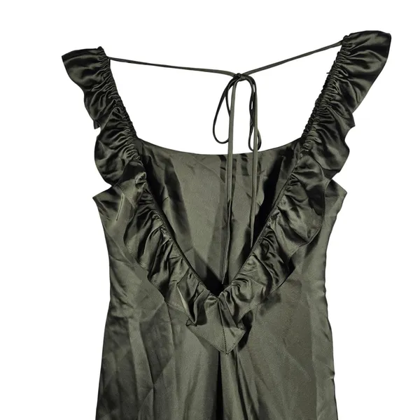 Social Bridesmaids Olive Green Satin Ruffle Flutter‎ Sleeve Maxi Dress XS 8219 - Image 6