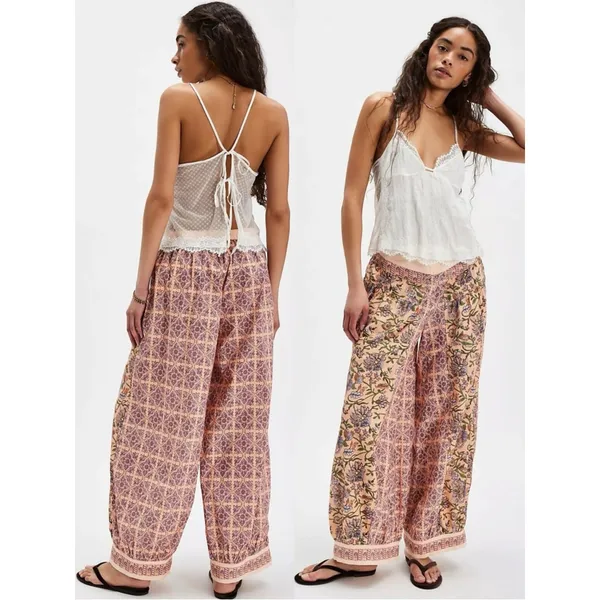Free People Bohemian Wide Leg Lantern Laurel Canyon Pants Apricot Combo Medium - Image 8