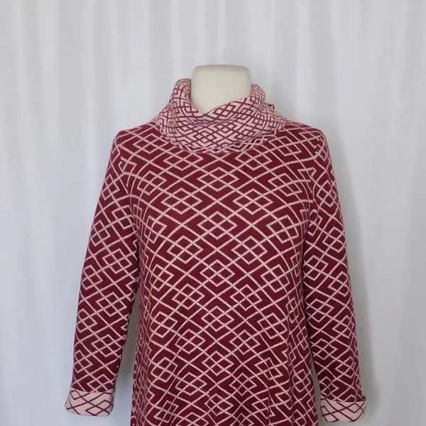 Anthropologie MOTH Galena Cowl Neck Sweater Maroon Pink Jacquard Geometric Small - Image 3
