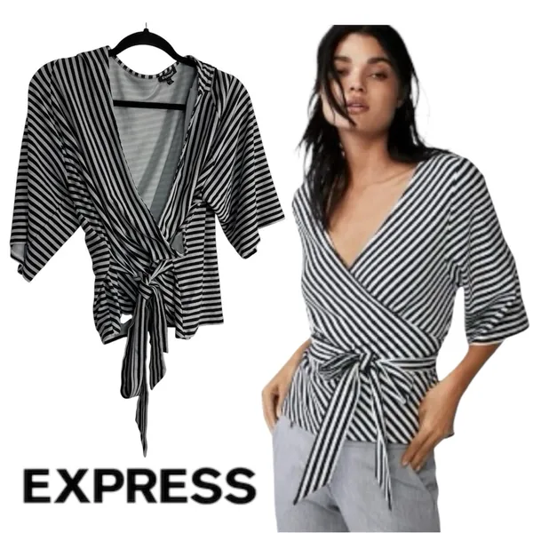 Express Monochrome Striped Wrap Top XL - Image 2