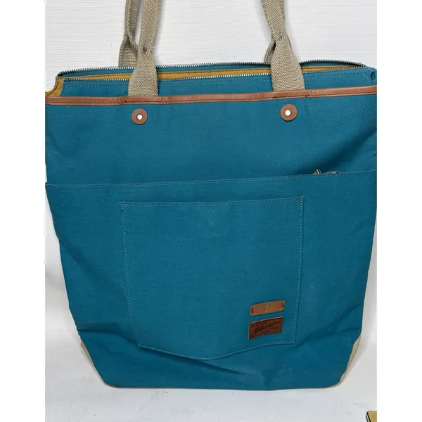 Fred Perry British Millerain Teal Blue Waxed Cotton Tote Leather Trim Zip Top - Image 3