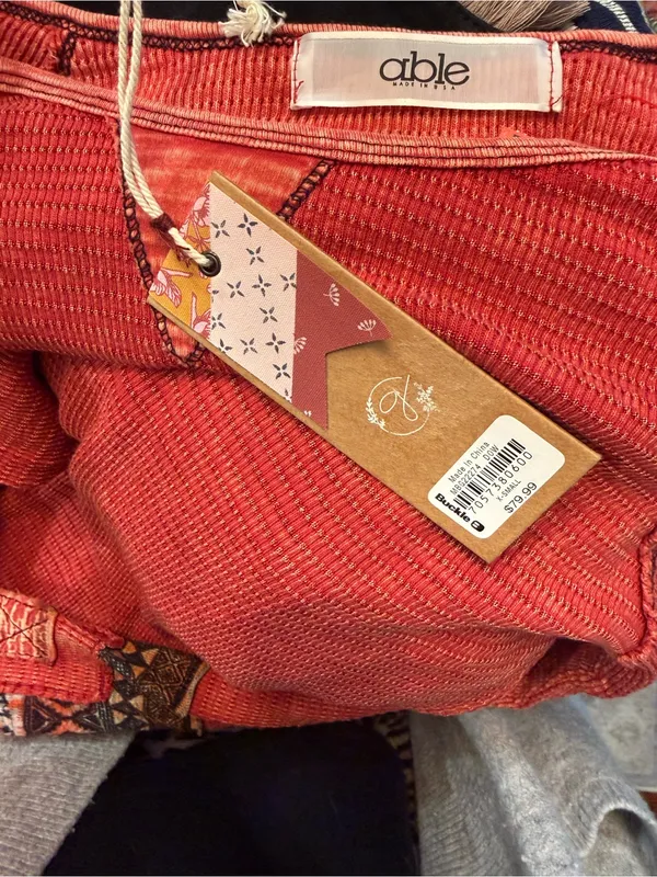 Able Red Waffle Knit Long Sleeve Top with Printed Cuffs Sz L NWT - Image 4
