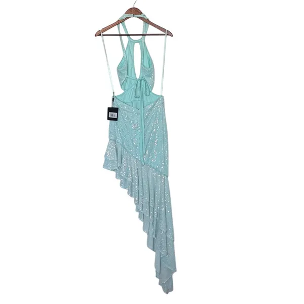 Mac Duggal 11274 Aqua Sequin Halter High Low Ruffle Gown Size 8 NWT - Image 4