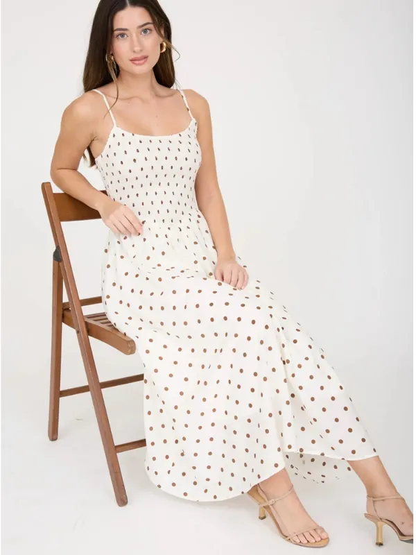 Blu Pepper White Polka Dot Smocked Basque Waist Midi Dress Large - Image 5