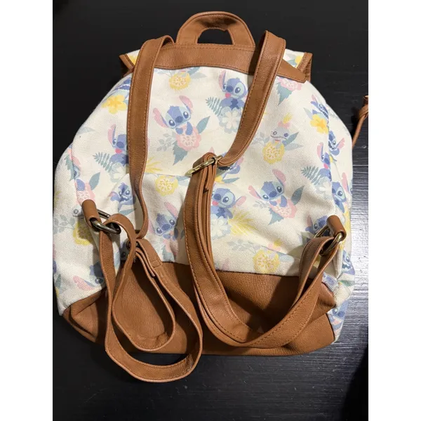 Disney Loungefly Stitch Floral Canvas Mini Backpack Cream Faux Leather Trim - Image 4
