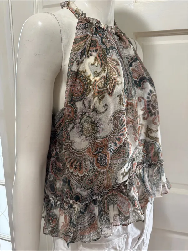 Veronica Beard 100% Silk Paisley Halter Tank - Green, Cream, Coral Size 8 - Image 8