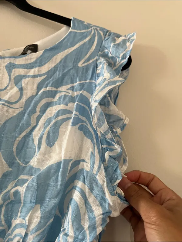 Blue White Swirl Print Smocked Waist Ruffle Mini Dress Small Coastal Vacation - Image 4