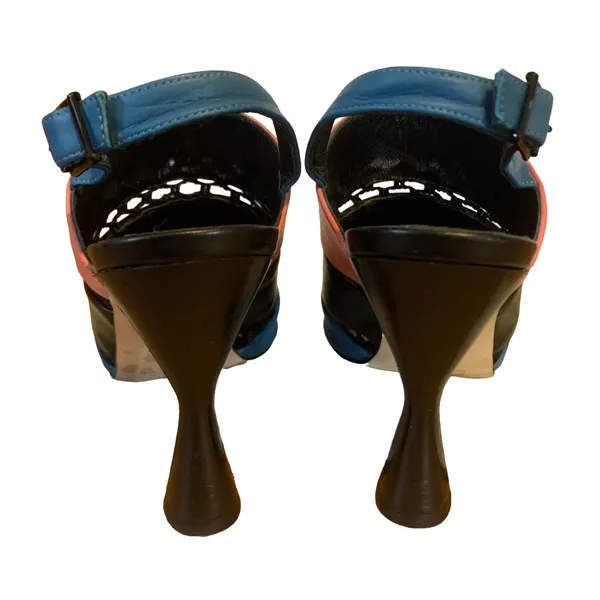 Manolo Blahnik "Aspendum" Black, Blue & Pink Leather W/Mesh Heels (36.5) - Image 3