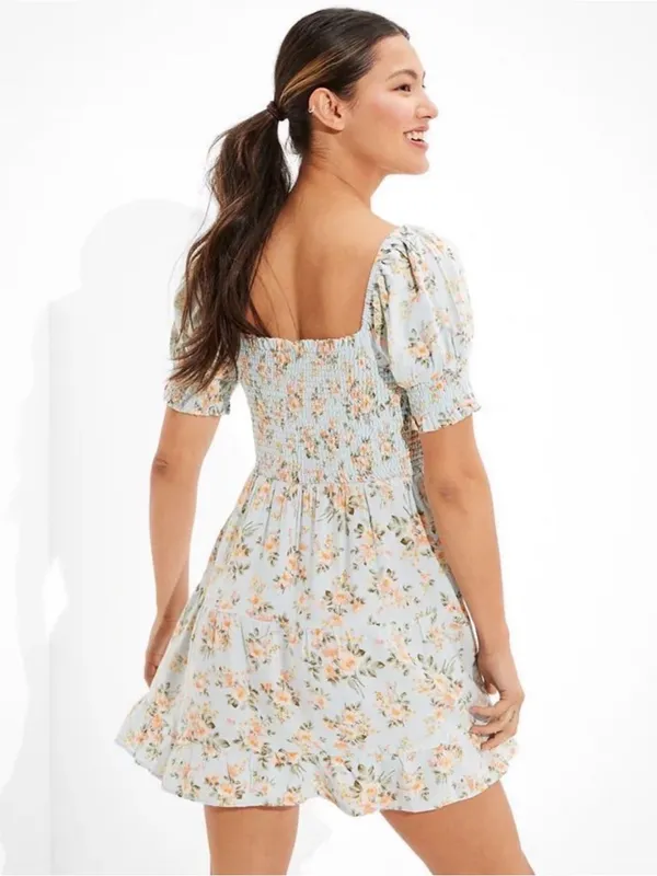 American Eagle Floral Smocked Mini Dress Blue Linen Blend Boho Cottagecore M - Image 2