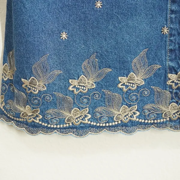 Vintage Denim Button Front Dress Size L Gold Embroidered Scalloped Trim Country - Image 4