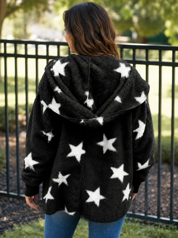 Cozy Star Print Sherpa Hoodie Jacket Black White Fuzzy NWT - Image 3