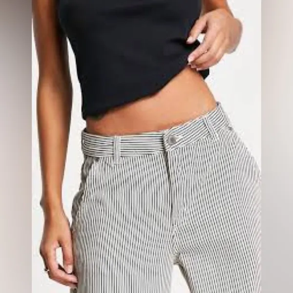 PULL&BEAR Striped Skinny Crop Jeans Sz 28 Gray White Raw Hem Stretch Cotton - Image 4