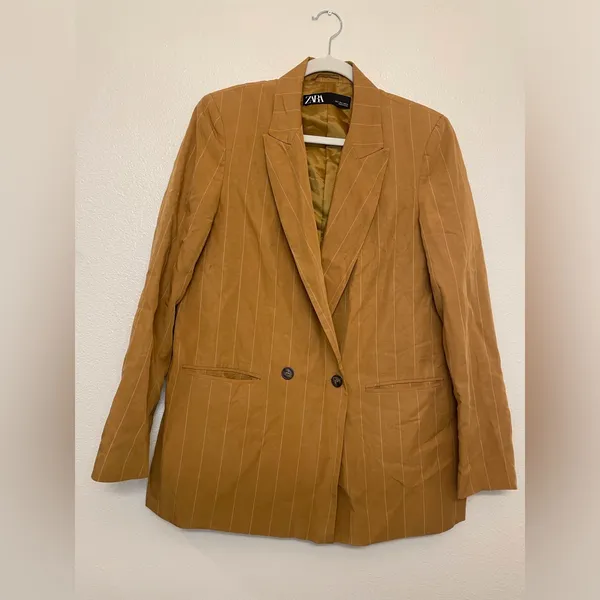 Zara Women’s Linen-blend Striped‎ Blazer Jacket in Mustard Yellow Size S - Image 2