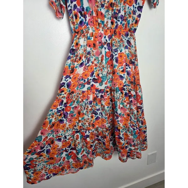 Colorful Floral Midi Dress Tiered Tropical Abstract Artsy Farmers Market Picnic - Image 3