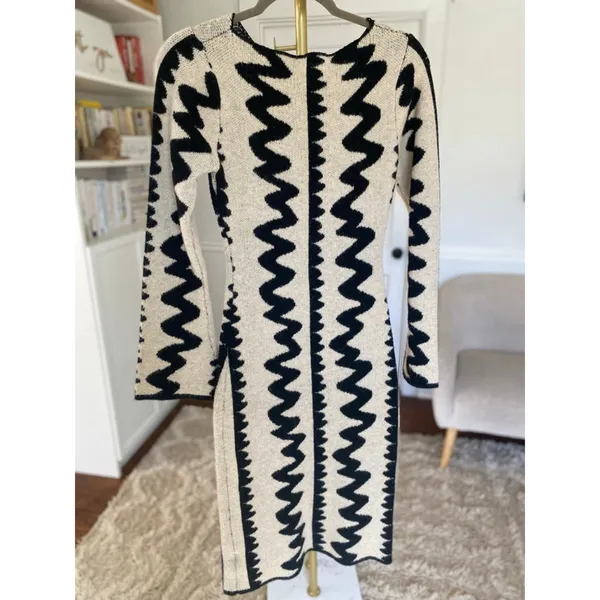Shein Bodycon Midi Dress Black Cream Zigzag Buttery‎ Soft Quiet Luxury Parisian - Image 3