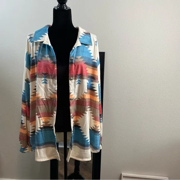 Boho Shacket Tribal Aztec Print Cream Button Collar Pockets Long Sleeve Medium - Image 11