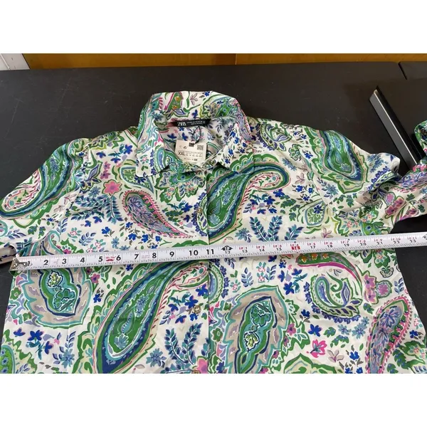 Zara Blouse XXL Paisley Floral Button Front Long Sleeve Shirt Green Pink NWT - Image 10