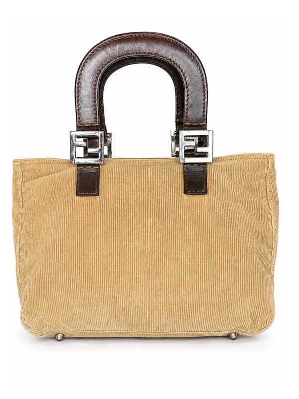 FENDI Corduroy Tote Bag with Dark Brown Leather Handles Vintage - Image 2