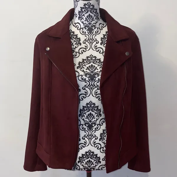 Like New! Old Navy Women's Burgundy Velour Faux Suede Moto Jacket Size Large - Image 9