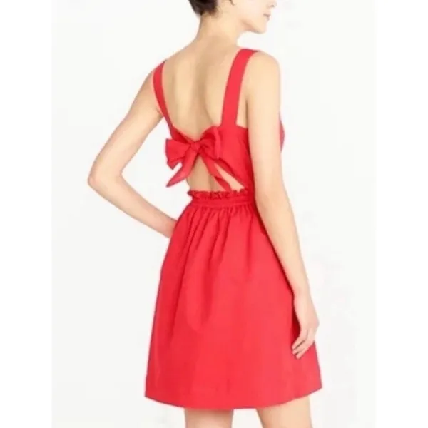 J.Crew Red Linen Cotton Apron Dress M Pockets Tie Open back J0982 Picnic Preppy - Image 2
