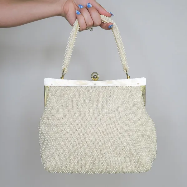 Vintage 60s White Hand Made Beaded Purse - Made in Hong Kong - Image 2