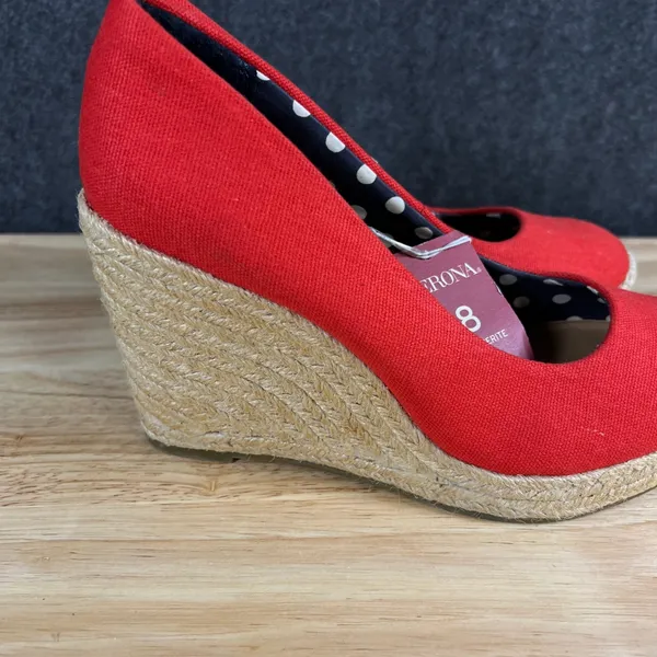 Merona Marguerite Red Canvas Espadrille Wedge Pumps Size 8 Polka Dot Lining - Image 2
