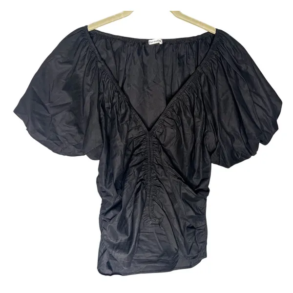 Reformation Sonny Puff Sleeve Top Size 10 Black Short Sleeve Ruched‎ Blouse - Image 4