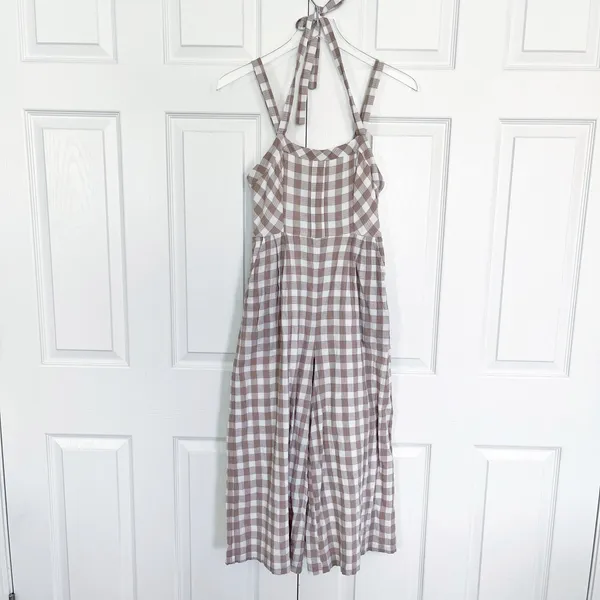 Free People Zuzu Seersucker Wide Leg Crop Jumpsuit Natural Gingham Cottagecore - Image 3
