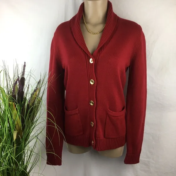 Ralph Lauren Red Cotton Knit Cardigan Button up Preppy Sweater M - Image 6