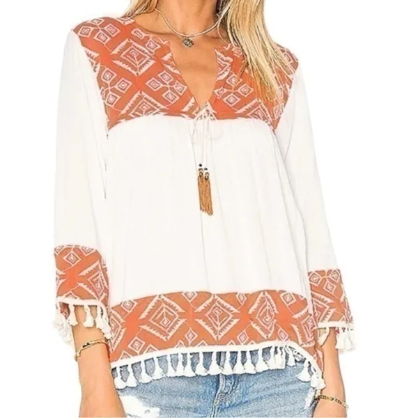 Misa Los Angeles Women’s Size M Cream Saffron Print Marcella Tassel Blouse Top - Image 2