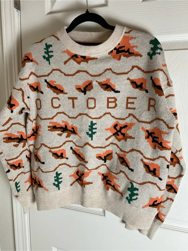 Vintage Style October Fall Sweater Beige Orange Leaves Trees Crewneck Medium / L - Image 6