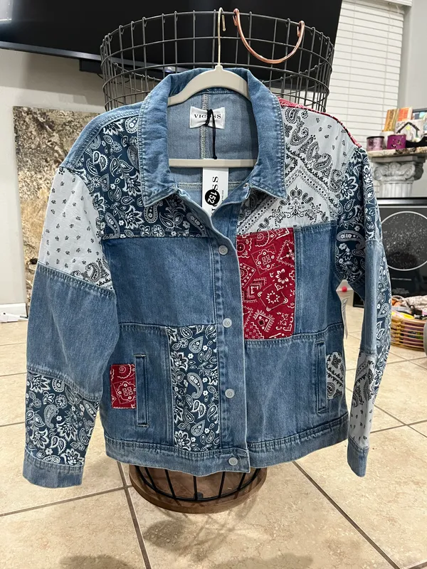 Driftwood Faria Patchwork Denim Trucker Jacket - Image 5