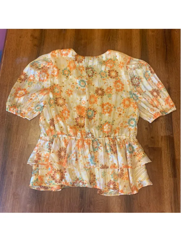 Cato Top Large Yellow Orange Floral 60’s V-neck Elastic waist Shortsleeved - Image 8