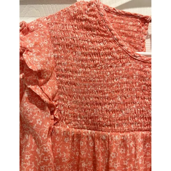 Billabong x Wrangler Womens Large Coral Floral Smocked Long Sleeve Blouse Ruffle - Image 2