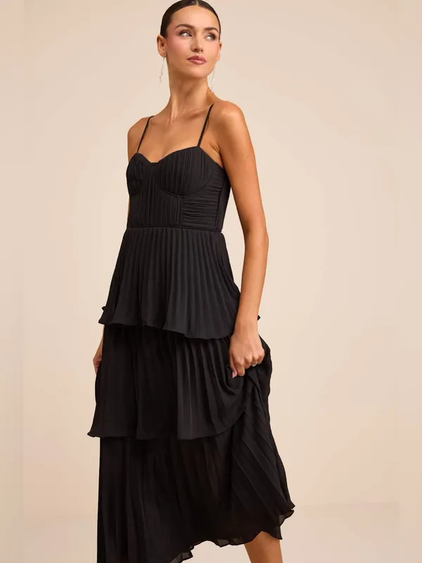 LULU’S Cascading Crush Black Tiered Bustier Midi Dress - Image 3
