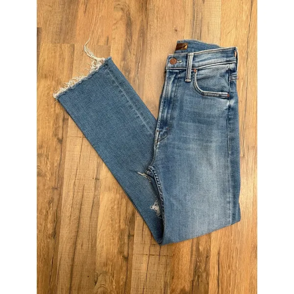 MOTHER High Waisted Rider Ankle Fray Jeans 24 Distressed Straight Blue USA - Image 2