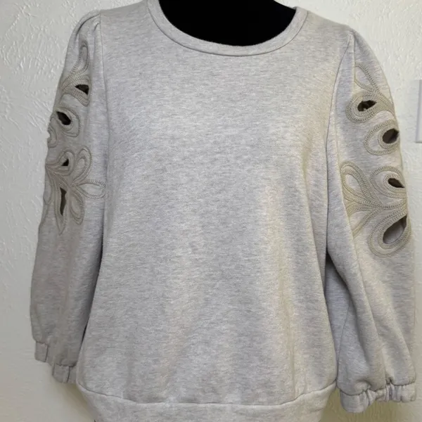 Splendid Collection‎ Soutache Embroidered Eyelet Puff Sleeve Sweatshirt L - Image 5