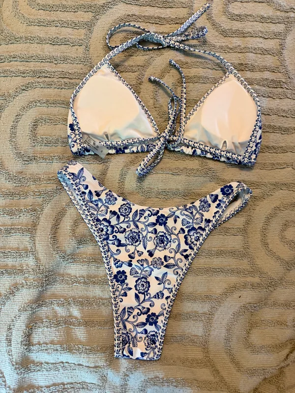 Shein Blue & White Floral Triangle Bikini, Sz S - Image 2