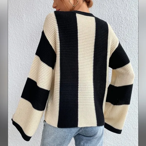 Shein ColorBlock Stripe Bell Sleeve Sweater - Image 2