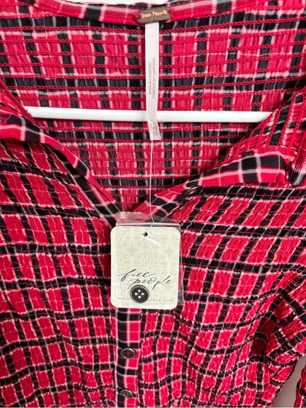 NWT Free People Red Plaid Smocked Button-Front Long Sleeve Top (Size XS) - Image 4