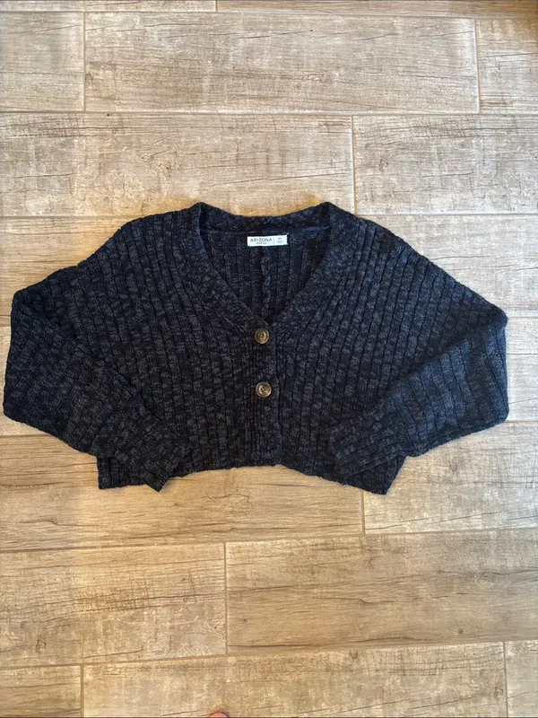 Arizona Jeans Cropped V-Neck Button Cardigan Sweater - Charcoal - Image 2
