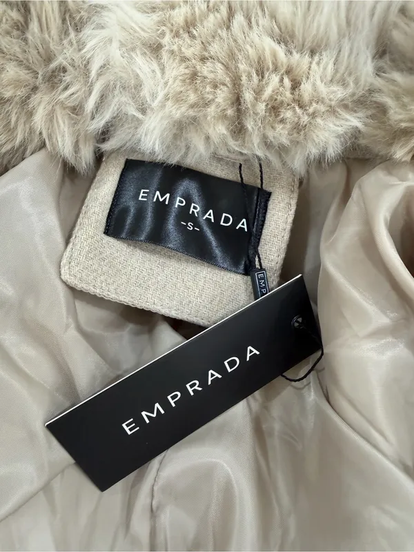 EMPRADA Women's Cream Faux Fur Collar Long Coat - Image 3