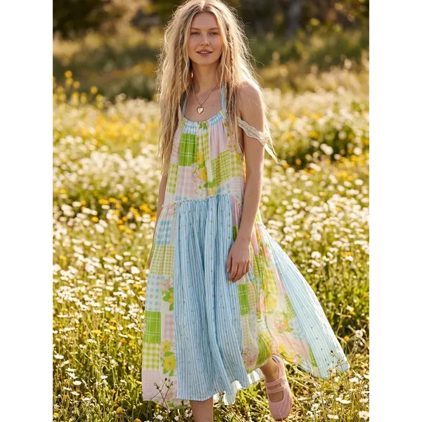 Free People Cottage Embroidered Patched And Pretty Halter Midi Maxi Dress Medium - Image 6