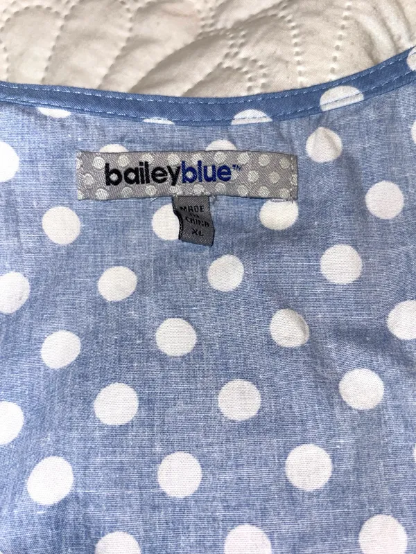 Bailey blue vintage-style short dress with white polka dot print on a light blue background. XL - Image 4