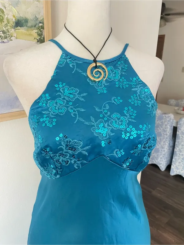 Zum Zum By Niki Livas Vintage 90s Y2K Sequin Halter Satin Prom Dress Teal 9/10 - Image 2