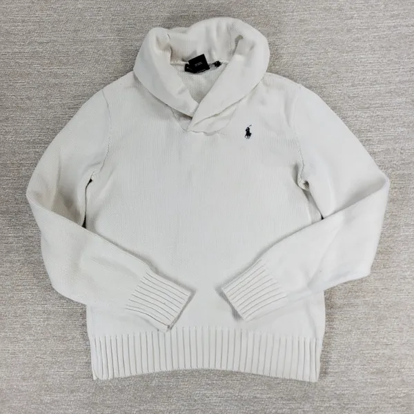 Ralph Lauren Sport Shawl Collar Sweater Womens Small White Preppy Blue Pony - Image 10